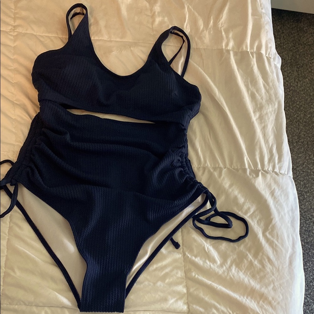 Blue One Piece Swimsuit with Cutout and Ruching